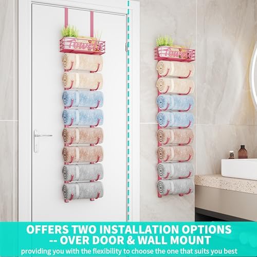 HapiRm Towel Racks for Bathroom Storage - 9 Tier Over The Door & Wall Mount Rolled Towel Storage Organizer Holder with Metal Shelf Basket for Small Bathroom, Camper, Rv - Pink, Patented - Image 2