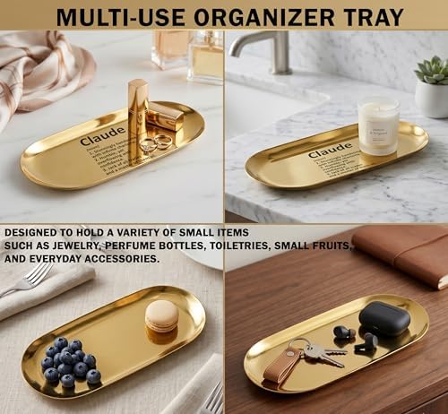 Pawpy Mate Catchall Tray Stainless Steel Oval Gold 7x3 Inch Vanity Tray Rust Resistant Stackable Modern Polished Decorative Organizer, Set of 2 - Image 4
