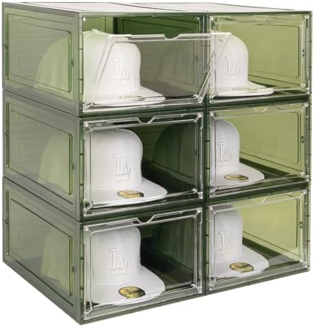 SCAVATA 6 Pack Hat Organizer Box, Stackable Clear Baseball Caps Holder Box Containers with Magnetic Door for Hats Snapback Cap Storag, Hat Rack Display Case, Holds 8 Hats Each (Green) by Tidyyourlife