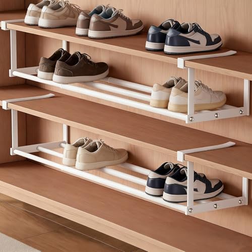 Under-Shelf Expandable Shoe Rack Organizer, White Metal, 40-70cm Width Adjustable, Cabinet Storage for Closet，Retractable Shoe Rack Organizer，Expandable（4 Pcs） - Image 6