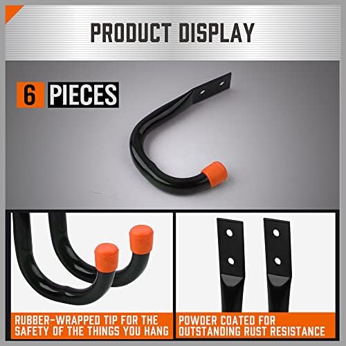 HORUSDY 6-Pack Heavy Duty Metal Wall Hooks, Large Garage Storage & Organization Hooks for Tools, Extension Cords, Ladders, and Bags, Wall Mount J Hooks for Indoor Outdoor Use, Black - Image 4