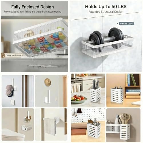 PUSDON 5-in-1 Wide Wall Mount Wrapped Mesh Kitchen Organizer & Shower Caddy Kit, with Paper Towel Holder, Utensil Holder, Soap Dish, Heavy Duty 50LBS - White, Netting - Image 4