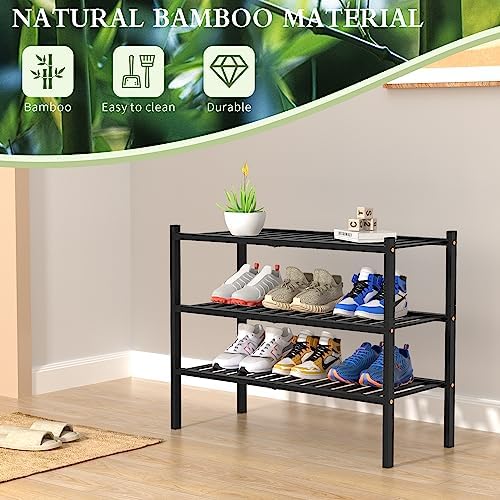 ROMGUAR CRAFT 3 Tier Bamboo Shoe Rack for Closet Free Standing Wood Shoe Shelf Storage Organizer for Entryway Small Space Stackable 27"x11"x20" (Black) - Image 6