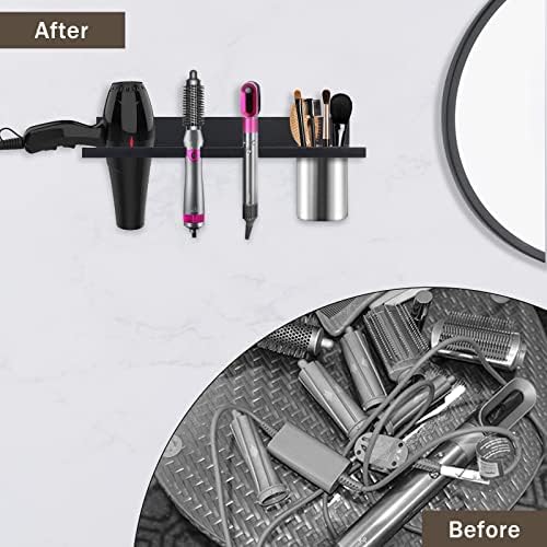 Hair Tool Organizer Wall Mounted - Wooden Dryer Holder, Blow Dryer Holder for Bathroom, Rustic Styling Tools Organizer for Flat Iron, Curling Wand, Hair Straighteners, Brushes, Black - Image 3