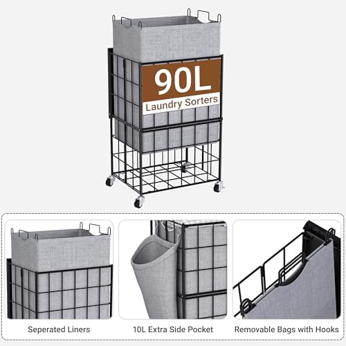 90L Laundry Basket with Wheels, Large Capacity Laundry Hamper with Removable Liner Bags, Heavy Duty Laundry Sorter with Solid Wood Lid & Leather Handles, Grey - Image 4