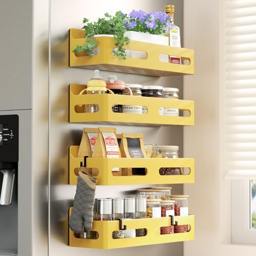 Sevenblue 4-Pack Magnetic Spice Rack for Refrigerator with Hooks, Yellow by Sevenblue