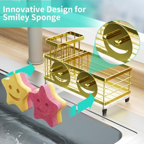 HapiRm Sink Caddy Sponge Holder - Self-draining Kitchen Sink Organizer with Smiley Face and Brush Holder, Stainless Steel Kitchen Sponge Caddy for Countertop - Gold - Image 2