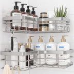 Sakugi Corner Shower Caddy - 2 Pack, Adhesive Shower Organizers, Rustproof Stainless Steel Shower Shelves with 8 Hooks, No Drilling Bathroom Organizers and Storage Racks, Space-Saving, Silver, X-Large by Sakugi