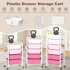 Rolling Cart with Drawers, Rolling Storage Cart with Large Plastic Drawers & Wooden Tabletop, Utility Cart with Pegboards & Basket, Storage Drawers Cart for Living Room, Classroom, Bedroom, Office - Image 2