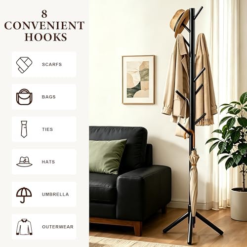 Wooden Coat Rack Freestanding with 8 Hooks & 3 Adjustable Sizes for Clothes, Space-Saving Design for Bedroom Office Entrance Holds Hats Coats Scarves Bags - Image 3