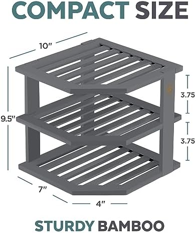 Grey Plate Organizer for Cabinet - 3 Tier Gray Bamboo Corner Cabinet Organizer Shelf for Plates Bowls Mugs Cups, Kitchen Cabinet Organizer, Cabinet Shelf Organizer, Countertop Rack, 10 x 10 x 9.5 Gray - Image 3