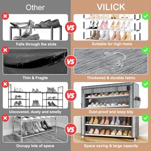 VILICK Shoe Rack with Cover Narrow Shoe Organizer with Pockets 10 Tier Tall Shoe Storage Holds 36-41 Pairs Shoes and Boots Shoe Rack for Closet Entryway Garage, Printing - Image 5