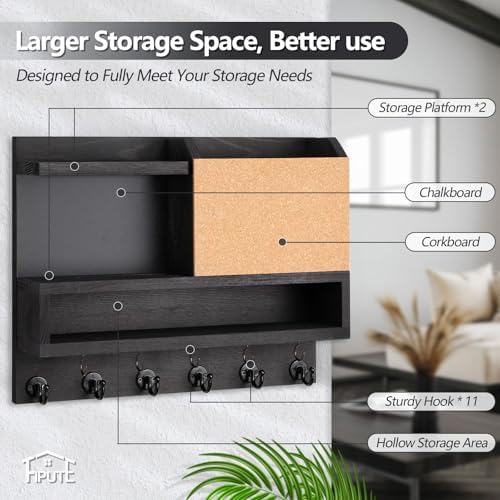 Key Holder for Wall Mount with Mail Organizer, Farmhouse Key Holder for Wall with Shelf, Chalkboard&Corkboard, Entryway Organizer 11 Metal Hooks, Decorative Natural Pine Wood, 14.6*11.1*3.3”, B-Black - Image 5