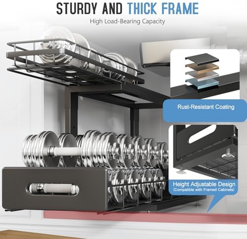 Under Sink Organizer Upgrade To Professional Rails,2-Tier Dual Pull Out Cabinet Storage,Height Adjustable Slide Out Drawers For Bathroom Kitchen,2 Pack-18.5"Dx12.8"-16.9"H,Black - Image 4
