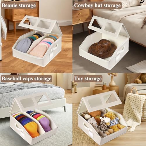 Hat Storage for Baseball Caps-Holds Up to 24 Caps, Hat Organizer for Closet Stackable Hat Box with Cardboard, Dustproof Baseball Cap Organizer with 2 Handles for Home Travel (Beige, 1 Pack) - Image 4