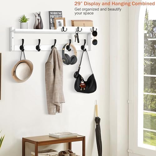 29'' Coat Rack Wall Mount with Shelf, Coat Hanger Wall Mount with Key Hooks and Mail Holder, Wood Entryway Floating Shelf with Hooks and Storage, Hat Rack for Wall Key Holder Mail Organizer - Image 5