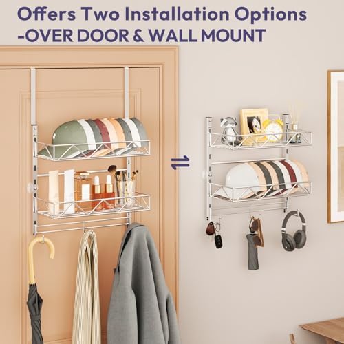 SWTYMIKI Over Door Hat Organizer - 3 Tier Wall Mounted Hat Rack with 2 Adjustable Metal Basket and 3 Hooks, Hanging Baseball Cap Organizer Storage Holds up to 29 Caps for Door, Bedroom, Closet - Image 5