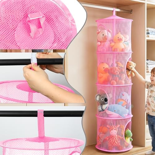 Hanging Stuffed Animal Storage Hammock Net 4 Tiers, Pink - Image 4