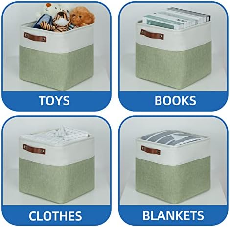 Temary Fabric Storage Bins for Organizing Clothes, Closet Baskets with Handles - Decorative Storage Boxes for Home (White & Green, 12 Inch, 4 Pack) - Image 4