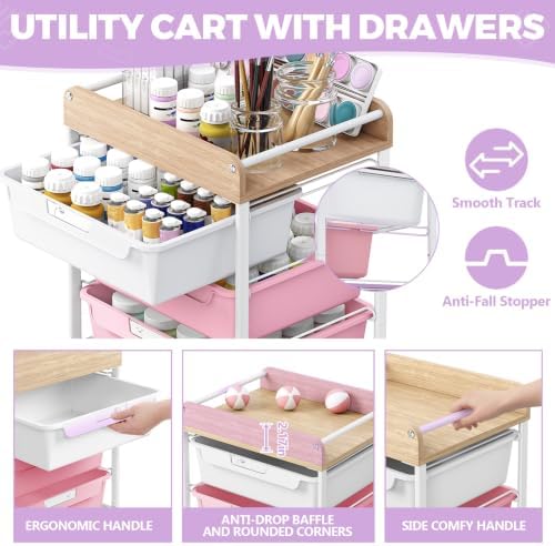 SYKIARIOL Utility Cart with 5 Labeling Drawers and Wooden Tabletop,Purple - Image 5