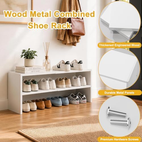 White Shoe Rack Organizer for Closet, 2-Tier Expandable Shoe Shelf, Stackable Iron Wood Combination Small Shoe Racks Shelves for Closets, Entryway,Small Space,Hallway,Bedroom,Bathroom,6-12 Pairs - Image 5