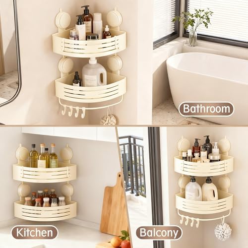 Corner Shower Caddy Bathroom Organizer（2-Pack Cream White）,No-Drilling Aluminum Suction Cup Corner Shower Shelf with Towel Bar & Hooks,Detachable and Reusable Bathroom and Kitchen Storage - Image 6