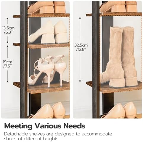 HOOBRO Vertical Shoe Rack for Front Door Entryway, 7 Tier Wooden Shoe Storage Organizer with Hooks, Narrow Shoe Tower for 7 Pairs, Space Saving, for Corner, Closet, Bedroom, Rustic Brown BF61XJ01 - Image 3