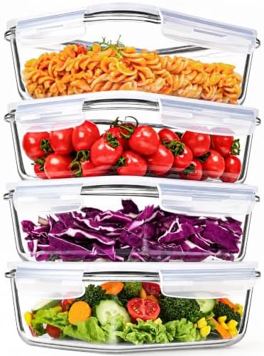 LOVYANXUE 4 Pack 52oz Large Glass Food Storage Containers with Lids, Meal Prep Containers, Glass Storage Containers with Airtight Lid for Storing, Heating, Serving, BPA-Free, Microwave & Oven Safe by LOVYANXUE