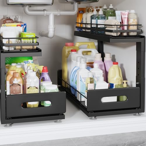 Under Sink Organizer Upgrade To Professional Rails,2-Tier Dual Pull Out Cabinet Storage,Height Adjustable Slide Out Drawers For Bathroom Kitchen,2 Pack-18.5"Dx12.8"-16.9"H,Black by UnderSinkOrganizer