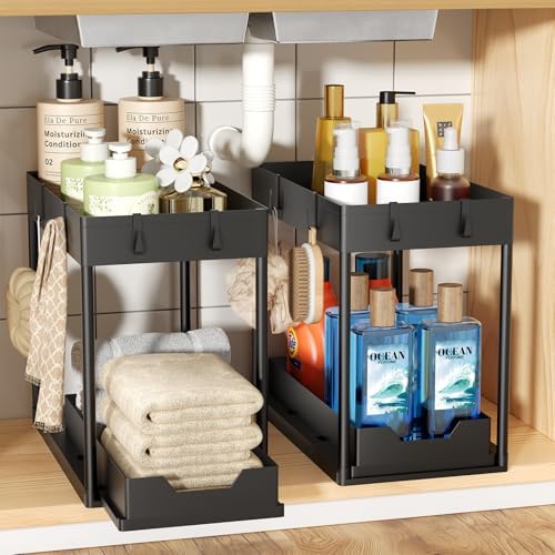 Ekisemio 2 Pack 2-Tier Under Sink Organizers with Sliding Drawer, Black by Ekisemio