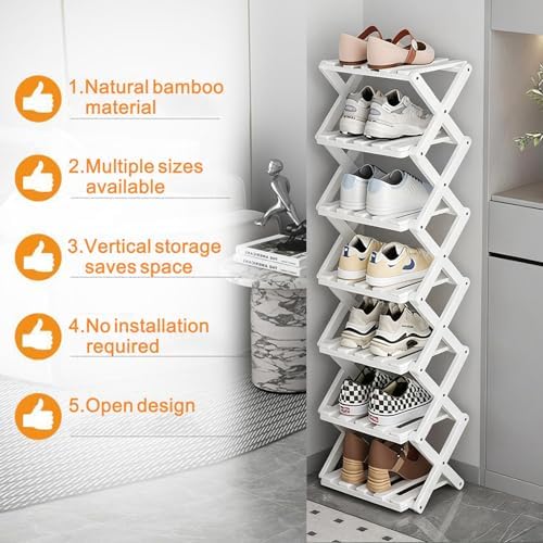 Vertical Small Shoe Rack White, 5 Tier Portable Folding Shoe Storage Rack, Without Installation Free Standing Shoe Rack for Corridors, Bedrooms Living Room Corner and Small Spaces - Image 4