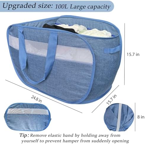 100L Mesh Pop Up Laundry Hampers with Handles, Extra Large Collapsible Laundry Baskets 2 Pack, Portable Travel Laundry Basket, Dirty Clothes Hamper Light Breathable, Bule. 2H - Image 3