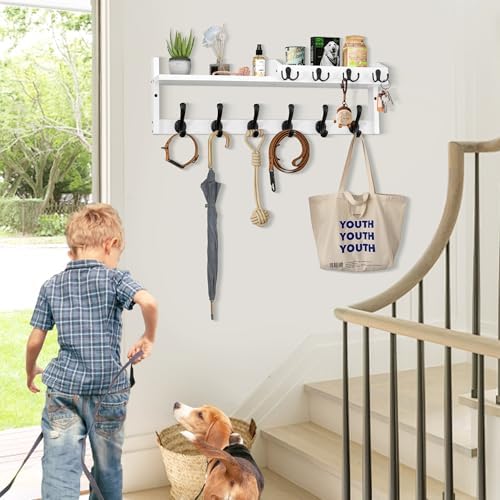 27.5" Wall Mount Coat Rack with Shelf, Key Holder & Mail Organizer, White - Image 6