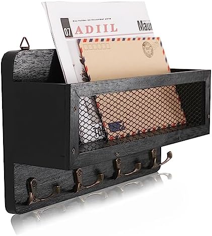 ADIIL Mail and Key Holder for Wall Decorative, Wooden Wall Mount Key Rack Hanger Organizer with 4 Double Key Hooks, Rustic Home Decor for Entryway Hallway, Black by ADIIL