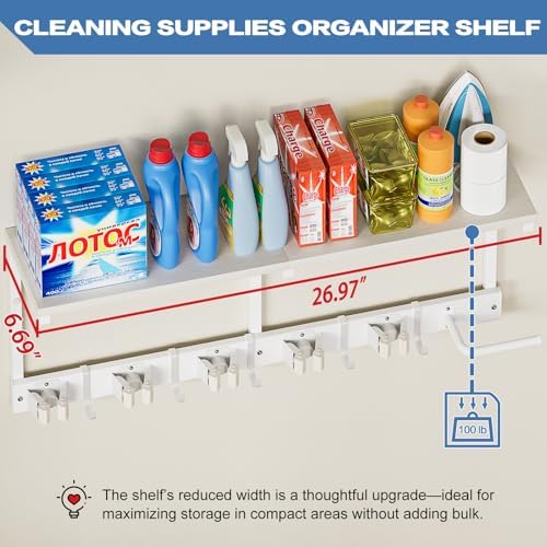 Broom Holder Wall Mount with Cleaning Supplies Organizer, Laundry Room Organization and Storage Shelf with Mop Hanger Rack Gripper Hooks, Utility Shelf Closet Organizer Floating Shelves for Garage - Image 4