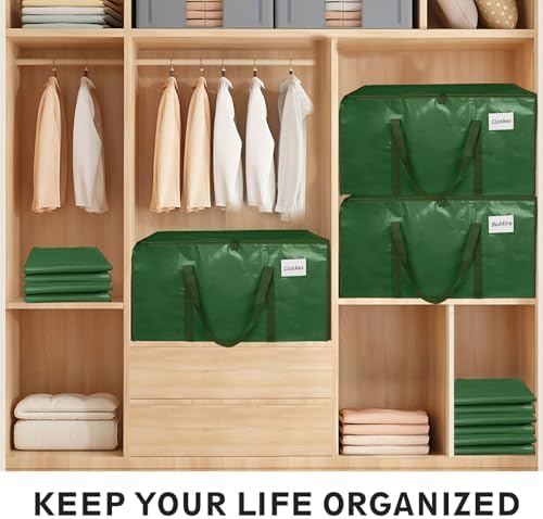 8 Pack-Extra Large Heavy Duty Moving Bags - Waterproof Storage Totes with Handles & Zippers, Foldable for College Dorm, Storage (olive green) - Image 5