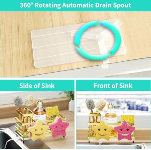 HapiRm Sink Caddy Sponge Holder - Self-draining Kitchen Sink Organizer with Smiley Face and Brush Holder, Stainless Steel Kitchen Sponge Caddy for Countertop - Gold - Image 3