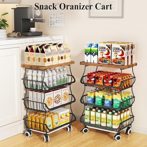 SAYZH 4-Tier Fruit and Vegetable Basket Stand for Kitchen, Wood Top, Black - Image 7