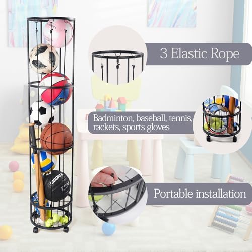 Upgrated 4-Layer Ball Storage Rack with Small Bottom Ball Holder, 3 Adjustable Elastic Cords Sports Equipment Organizer, Wall-Mounted Basketball Rack for Indoor,Outdoor,Home,Garage - Image 6