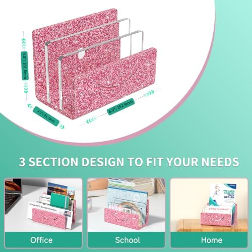Mail Organizer Envelope Holder - 3 Compartments Glitter Pink Acrylic Mail Holder Countertop Home Office Desk Organizer Small File Sorter Vertical Bill Letter Paper Document Storage Rack - Image 5