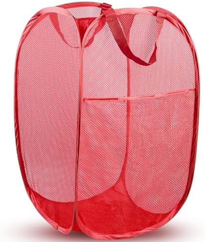 Pop Up Laundry Hamper, 70 L Collapsible Mesh Basket with Side Pocket, Red by Unknown