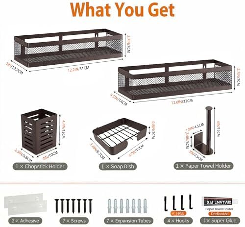 PUSDON 5-in-1 Wide Wall Mount Wrapped Mesh Kitchen Organizer & Shower Caddy Kit, with Paper Towel Holder, Utensil Holder, Soap Dish, Heavy Duty 50LBS - Vintage Bronze, Netting - Image 3
