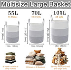 105L Extra Large Laundry Basket, Clothes Hamper with Handles- Grey - Image 2