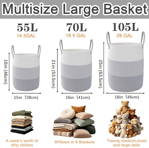 55L Woven Laundry Basket, Large Clothes Hamper with Handles- Grey - Image 2