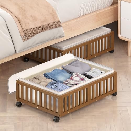 MHXW SXPN 2 Pack Bamboo Under Bed Storage Containers with Wheels, Brown | Underbed Drawer Storage with Bag, Wood Rolling Underbed Organizer for Shoes, Sheets Clothes Blanket Comforter, Under Crib Toy by MHXWSXPN