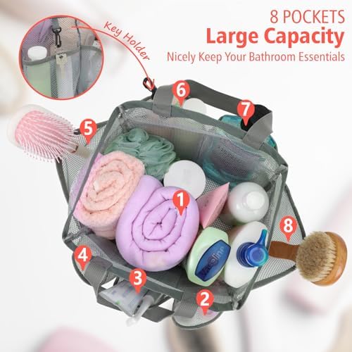 Mesh Shower Caddy Portable - 8 Pockets, S-Hook, Shower Bag for Dorm Camping - Image 2