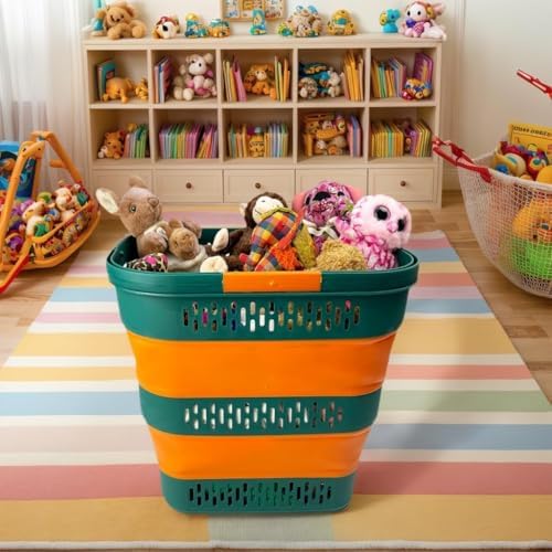 SAMMART 38L(10 Gal) Collapsible Laundry Basket - Foldable Pop-Up Storage Container/Organizer-Portable Space Saving Hamper, Measure 17.5x13.3x15.7/3.8" Expanded/Collapsed (1, Teal Green/Autumn Leaf) - Image 5