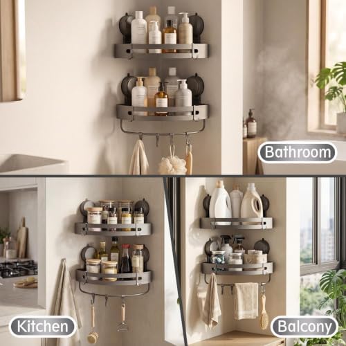 Suction Cup Shower Caddy(2-Pack Gray),Single 1.77 Inches High No-Drilling Aluminum Bathroom Organizer with Towel Bar & Hooks,Moder wall Shower Shelf and Storage Decor - Image 3