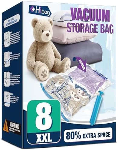 XXL Jumbo Vacuum Seal Storage Bags Extra Large for Clothing Bedding | 47''X35'', Airtight Triple Seal, Save 80% Space, Hand Pump, Work with Vacuum, Double Zip, Reusable, Easy to Use, 8 pack by HIBAG