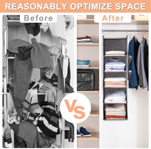 BOOMIBOO Hanging Closet Organize and Shelves，5-Hanging Shelf with 2 Side Pockets，Storage Foldable （Grey） | Dorm Room Essentials, Clothes Organizer with 2 Side Pockets, Hanging Shelves for Closet Storage, Breathable Fabric - Image 6
